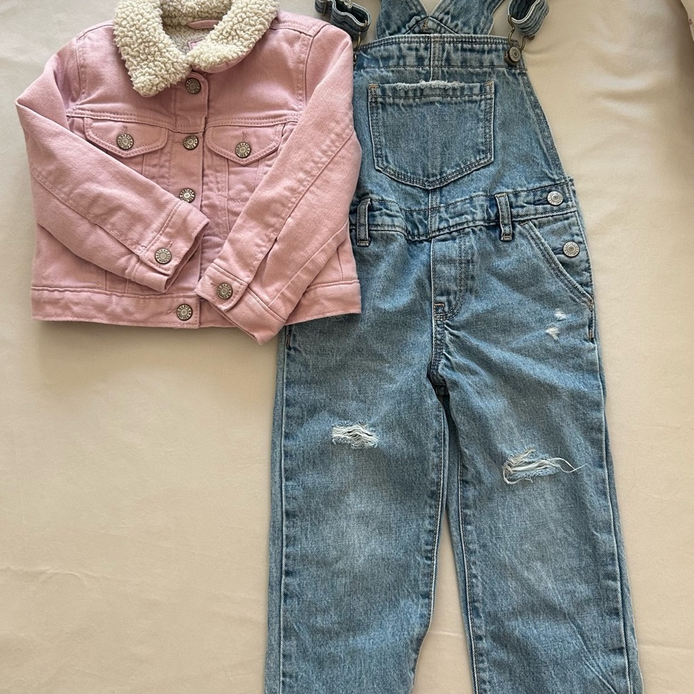 Baby Gap Pink lined Denim Jacket and Blue Denim Overalls Set Toddler Girl 3T